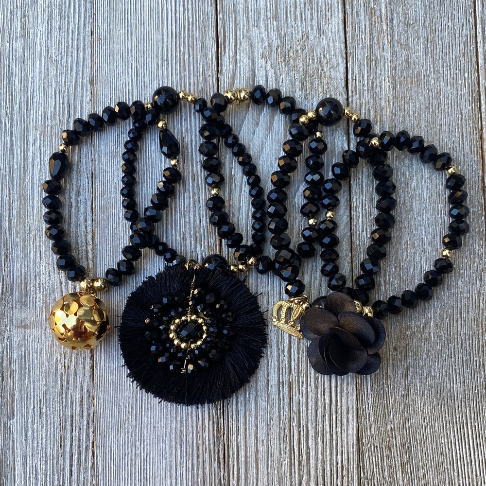 Gold Plated Set of Bracelets with Black Czech Crystal Tassels And Floral Details